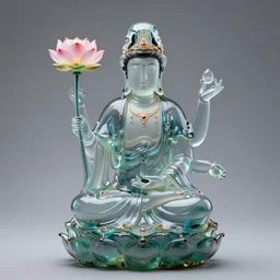 a multi armed quan yin sculpture made of glass, standing in meditation holding a comically large lotus flower, digital art, artstation, concept art, beautiful glass statue,