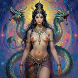 sublimely mystically attractive hindu female barely clothed future space pirate ishvara goddess. dragon born assassins of the mystic unity, future jewelry, little clothing, alien glyph tattoo, hindu piercings, psychedelic fractal background, illustrative character design, concept art, tales of earthsea, sky witch, colorful, matte painting, soft illumination, painting by gaston bussiere, craig mullins, j. c. leyendecker, tom of finland