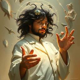 scientist, symbols of their growing insanity dance around their head, highly detailed, digital painting, artstation, concept art, smooth, sharp focus, illustration, art by artgerm and greg rutkowski and alphonse mucha