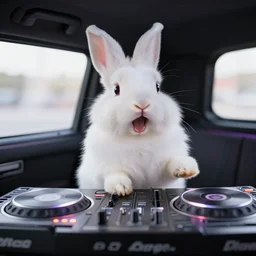 super cute fluffy white bunny rabbit screaming in the back of a limo DJing with DJ turntables, photoreal