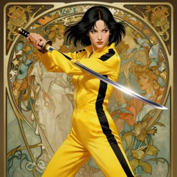 uma thurman in kill bill, rococo and art nouveau fusion, swinging reflective katana, yellow jumpsuit with black stripe, highly detailed, deep focus, elegant, digital painting, smooth, sharp focus, illustration, ultra realistic, japanese art by artgerm and alphonse mucha