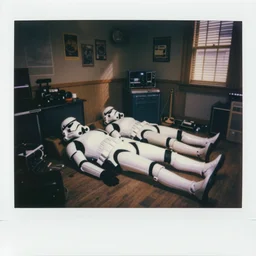 Polaroid photo, cinematic tone, stormtroopers lying on his back on the floor, cluttered 80s American room
