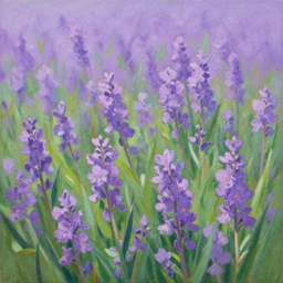 a painting of purple flowers in a field, a matte painting by Edward Okuń, featured on deviantart, american impressionism, matte painting, anime aesthetic, matte drawing, pastel