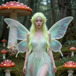 portrait, stunningly beautiful female faerie priestess in amanita muscaria forest landscape, symmetrical wings on back, neon hair, wearing a dress of gossamer gold, inner glow, illustration, dramatic lighting, soft details, painting, art nouveau, octane render, 8 k, hd, by brom, faces by otto schmidt