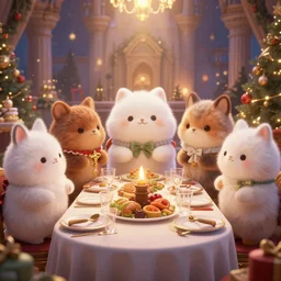 highly detailed group closeup portrait of cute fluffy animals having a christmas party banquet in a castle, unreal engine, nicoletta ceccoli, mark ryden, earl norem, lostfish, global illumination, god rays, detailed and intricate environment