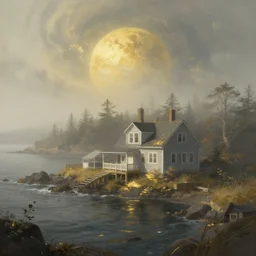a retrowave style artwork of bar harbor national park, a land of the dead, divine, hazy, volumetric lighting, spacetime bending, very detailed, serene, gold accents, washed out colors, beautiful artwork, master level composition, raytracing