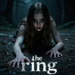 ' the ring'alternate movie poster, creepy girl crawling toward camera, text the ring, cinematic, epic
