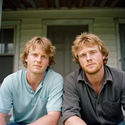 close up portrait of two white redneck brothers sitting on front porch of dilapidated house, kodak gold 2 0 0,