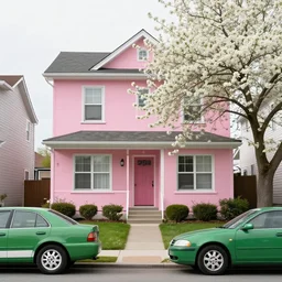 photo of pink suburban house, green car, tree with white blossoms, style of photographer william verbeek and kyle mcdougal, 3 5 mm film, kodak portra 4 0 0 film photography, late afternoon, pleasing