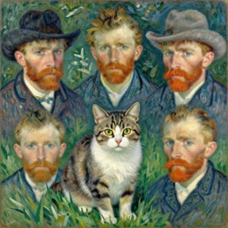 beautiful cute portrait post - impressionist painting of a cat in the grass, by henri de toulouse - lautrec, camille pissarro, paul cezanne, henri rousseau, vincent van gogh, henri - edmond