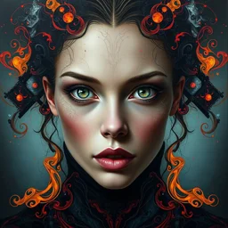 cute stylish kate beckinsale portrait, oil painting of gloomy abstract surrealist forms by yvonne mcgillivray by mandy jurgens by michael divine, realistic, micro details, powerful eyes glowing highly detailed painting of gloomy, spiritual abstract forms, symmetrical, artstation, abstract emotional rage expression, fantasy digital art, patterned visionary art, by michael divine, cosmic nebula