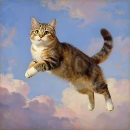 An art nouveau painting of a jumping cat under the sky, by (Ross Tran, Norman Rockwell, Leonardo da Vinci), beautiful clouds, whole cat body, strong facial features, Trending on Artstation