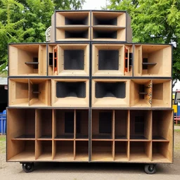 a massive sound system built in wheelie bins with ethnic faces painted on the bins
