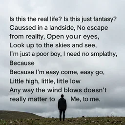 Is this the real life? Is this just fantasy? Caught in a landside, No escape from reality Open your eyes, Look up to the skies and see, I'm just a poor boy, I need no sympathy, Because I'm easy come, easy go, Little high, little low, Any way the wind blows doesn't really matter to Me, to me