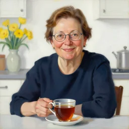 portrait of middle aged woman sitting in a table with a hot cup of tea, small wide smile, mandel eyes, glasses, smooth skin, small plump lips, oval face, wrinkled big cheeks, calming white background of a kitchen with yellow flowers, cheerful colours, oil painting, artstyle of michelangelo