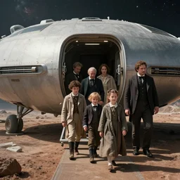 detailed, sharp, still from a sci fi blockbuster movie made in 2022, set in 1860, of a family leaving a spaceship, that has just landed on an alien planet, wearing 1850s era clothes, good lighting, 4k, HD, in focus