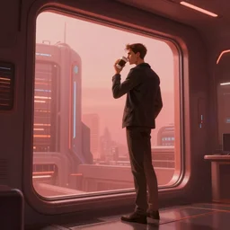 concept art by greg rutkowski, very tall and slim young man, standing drinking a coffee looking out a large rectangular window inside a futuristic office, reddish exterior lighting, scifi, highly detailed portrait, digital painting, artstation, concept art, smooth, sharp foccus ilustration, artstation hq