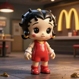 anthropomorphic animatronic Betty Boop in Mc Donalds, real hair, dimly lit, liminal space, photorealistic, unrealengine octane 3d render