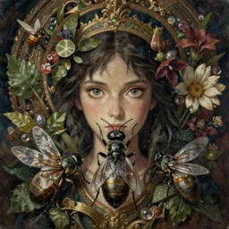 breathtaking detailed concept art painting of the goddess of insects, orthodox saint, with anxious, piercing eyes, ornate background, amalgamation of leaves and flowers, by Hsiao-Ron Cheng, James jean, Miho Hirano, Hayao Miyazaki, extremely moody lighting, 8K