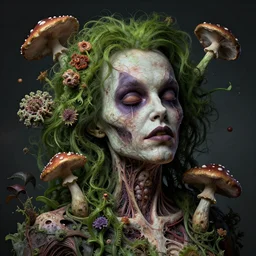 a beautiful detailed rococo 8 0's photo of a rotten woman corpse morphing into fractal plants and fractal flowers and mushrooms, face muscles, veins, anatomical, intricate, ornate, volumetric light, beautiful lit, beetlejuice