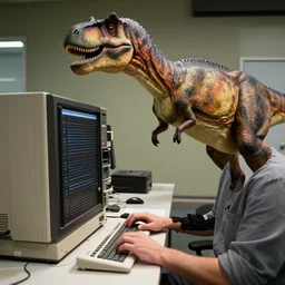 photograph of a dinosaur using an ibm mainframe computer