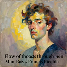 An abstract painting with a soft color palette titled flow of thoughts through man by Man Ray and Francis Picabia .