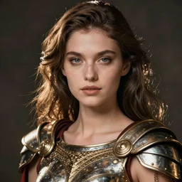close - up portrait of beautiful model dressed gladiator with metallic armor, art by the fifth element