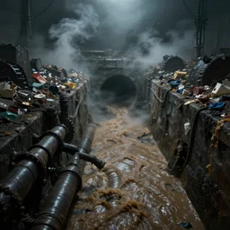 super sewer, tunnels, sludge river, effluent, pipes, warhammer 4 0 k, piles of trash, eery lighting, steam, fog, matte painting