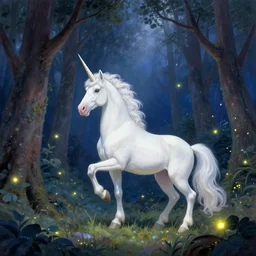 a white unicorn in the forest and fireflies flying, dreamy and crystalline atmosphere ， super wide angle ， matte painting ， rtx on ， by thomas kinkade ， trending on cgsociety and artstation, volumetric light ， surreal