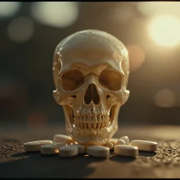 a 3 5 mm photo of a pills in the shape of a skull, splash art, movie still, bokeh, canon 5 0 mm, cinematic lighting, dramatic, film, photography, golden hour, depth of field, award - winning, anamorphic lens flare, 8 k, hyper detailed, 3 5 mm film grain