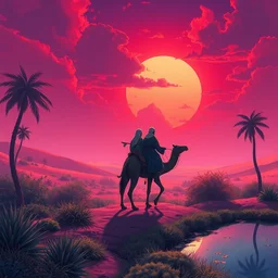 anime muslims journeying across an enchanted isekai desert ocean on camel through a lush oasis, heatwaves anime aesthetic, bright purple and red sky. pond off to the side, by greg rutkowski