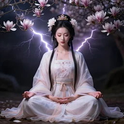 a goddess of magnolia a queen of the garden, meditating! with a beautiful symmetrical face!!! cinematic lightning, isolated, studio lighting by barrett biggers artist