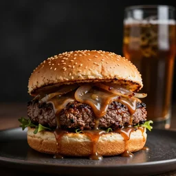 food, sandwich, hamburger, steak, drinks, juicy meat, dripping sauce, dramatic lighting, cinematic, artistic