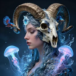 3 d goddess close up russian profile portrait with ram skull. beautiful intricately detailed raven mask, betta fish, phoenix jellyfish, bioluminescent, plasma, ice, water, wind, creature, artwork by wu and wlop and beeple and greg rutkowski