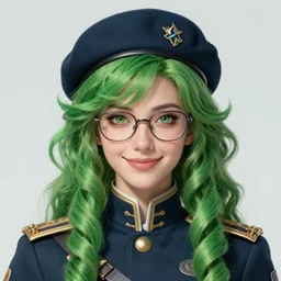 very symmetry, woman, green curly hair, fireemblem, face, uniform, beret, glasses, smile, art by artgerm and greg rutkowski and magali villeneuve, portrait, smile, extremelydetailed, costumedesign