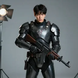 Korean Actor Park Solomon as a Kerberos Panzer Cop in Live Action Jin Roh: The Wolf Brigade, wearing full Kerberos Panzer Cop armor and holding his MG 42 machine Gun, Studio Lighting, shot in the Style of Annie Leibovitz, Mamoru Ushii