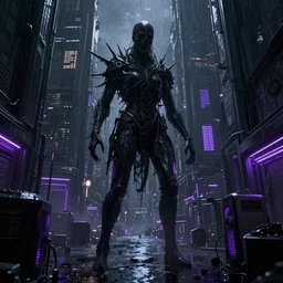 uncanny valley, dark grotesque nocturne cyberpunk city, armed and dangerous, night, rain, purple neon lights, black, grey, white, realistic 4 k octane beautifully detailed render, 4 k post - processing, highly detailed, intricate complexity, epic composition, magical atmosphere, cinematic lighting, masterpiece, ultra hd