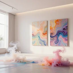 a modern indoor room full of insane detailed colorfull smoke, clean architecture, pictures in the wall, pastel colored, intricate detailed 3 d render, hyper realistic intricate acrilic fluid art, elegant, intense colors, wide shot, octane render, concept art, daylight, peaceful, 8 k