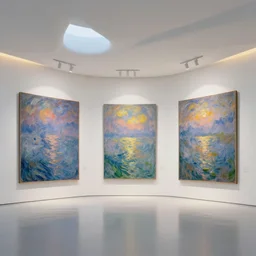 interior futuristic art gallery wide angle highly detailed by santiago calatrava, three wall hanging paintings famous pieces by monet!, captivating 8 k hdr, octane render godrays hyperrealism