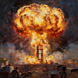 Atom bomb explosion in Mumbai, by Craig Mullins, by Greg Rutkowski, by Ruan Jia, oil on canvas, masterpiece, detailed, dynamic, cinematic composition, beautiful lighting, view from ground, trending on artstation, top on pixiv, 8K, award winning, no frames,