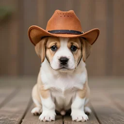 a cute puppy wearing a cowboy hat, Canon EOS R3, f/1.4, ISO 200, 1/160s, 8K, RAW, unedited, symmetrical balance, in-frame