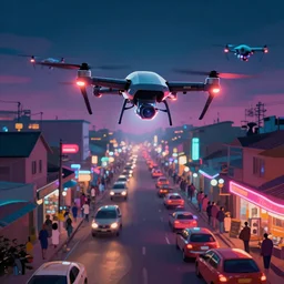 3 d vfx art of flying drones above - a neon lit - bustling ajegunle street - in nigeria, cinestill 8 0 0 t photograph, unreal engine render, digital illustration, illustration style by mike winkelmann, sharp, intricate detail, volumetric light, ray tracing, soft light, colourful, surreal environment, first person view,