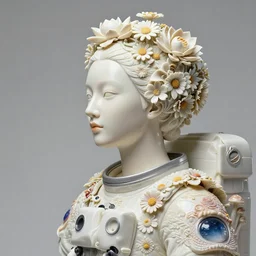 beautiful asian woman portrait with a smooth carved porcelain ivory profile face, futuristic haute couture astronaut suit draped in flowers and mushroom, iris van herpin, headdress with daisies and lotus, hyper detailed, ultra sharp, 8 k