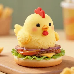 a small chicken animal on a hamburger