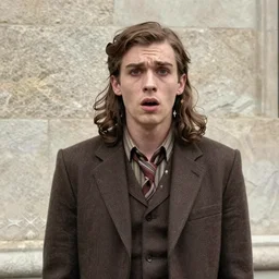 Photograph of a panicked dishevelled slender young man with long hair in 1930\'s apparel backed against a stone wall