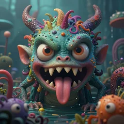 intricate colourful murky with strange cute friendly angry crazy creatures with huge beauty eyes # long tongue triangle teeth and scary face appearing from the water, in the style of craola, shallow depth of field, highly detailed, digital painting, trending artstation, concept art, illustration, cinematic lighting, vibrant colors, photorealism, epic, octane render
