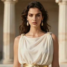 woman looking boldly into the camera, award-winning fashion editorial photo inspired by ancient Greece, very beautiful