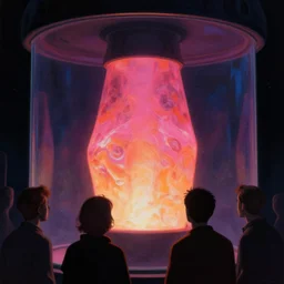 close - up view of human silhouettes watching a giant dark sci - fi alien lava lamp in a giant futuristic fish tank aquarium, pink and orange colors, highly detailed science fiction painting by syd mead, roger dean, and moebius. rich colors, high contrast, cosmic black background. unreal engine, artstation.