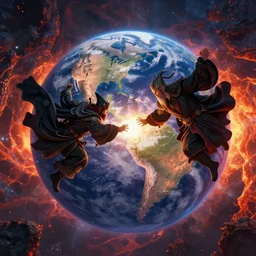 two wizards fighting midair and falling towards the center of the Earth, lava in the background, epic, dramatic, cinematic
