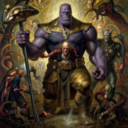 the platonic ideal of dutch golden age of cletus kasady ultimate carnage thanos dementor doctor manhattan chtulu nazgul, detailed, intricate, hyperrealism, intense, scary, decay, dmt, art by brock hofer and artgerm and greg rutkowski and alphonse mucha
